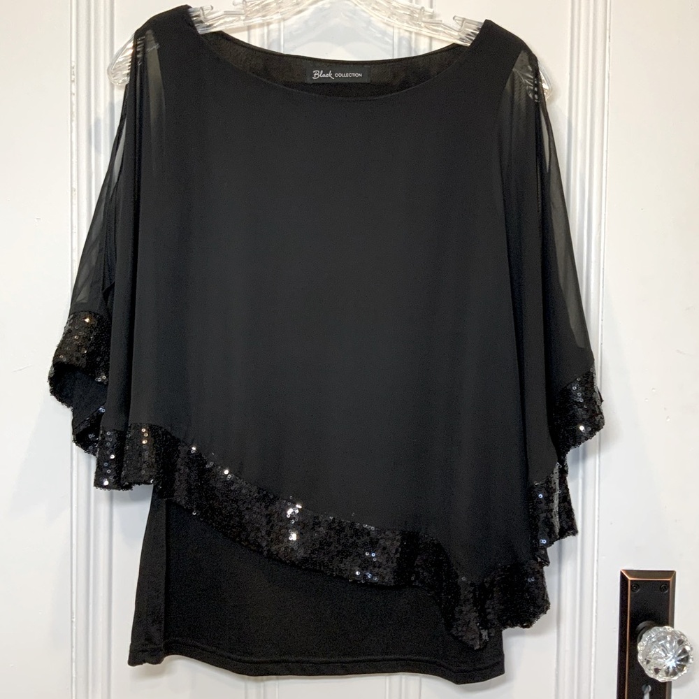 Black Collection Sequin Trim Overlay Embellished Stretch Jersey Blouse - Size XS